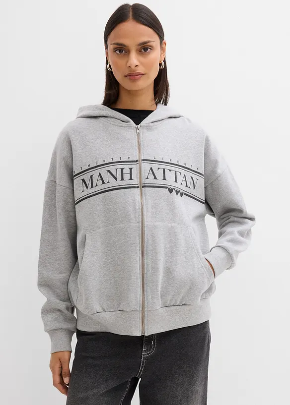 Felpa larga in puro cotone biologico con zip e cappuccio, bonprix