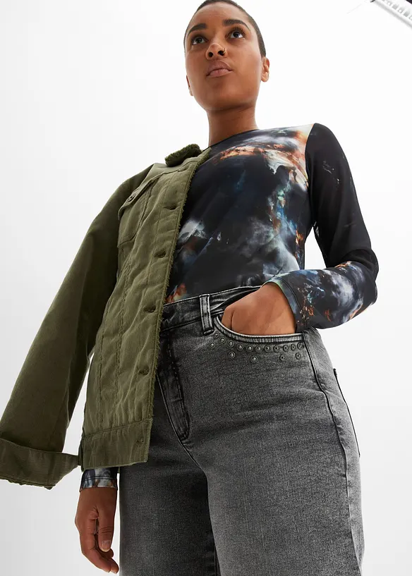 Jeans wide leg con borchiette, vita alta, bonprix