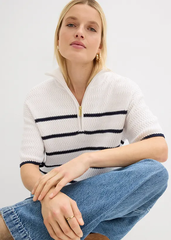 Maglione con collo alto e zip in misto cotone, bonprix