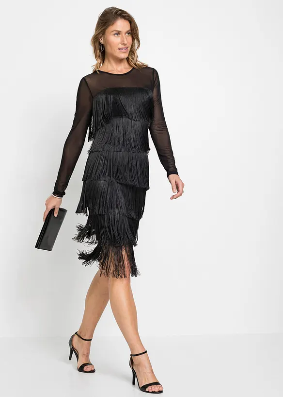 Abito midi in mesh vaporoso con frange, bonprix