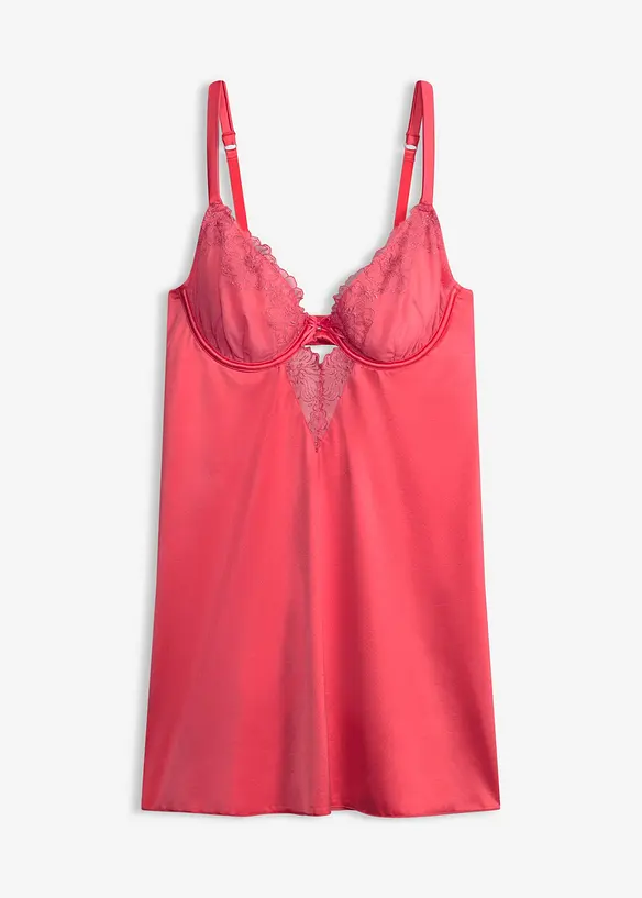 Baby-doll in materiale lucido con ricami floreali, bonprix