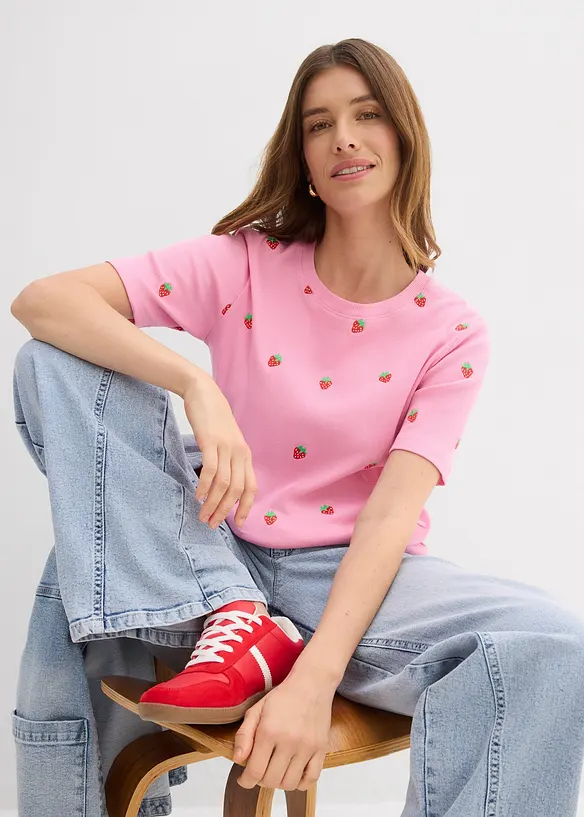 T-shirt a costine in puro cotone biologico con ricami, bonprix