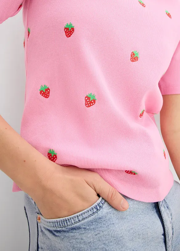 T-shirt a costine in puro cotone biologico con ricami, bonprix