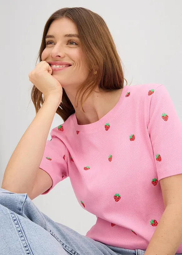 T-shirt a costine in puro cotone biologico con ricami, bonprix