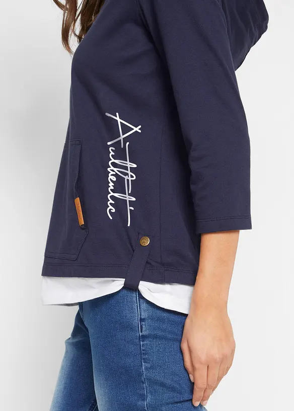 Maglia con cappuccio e maniche a 3/4 in puro cotone, bonprix