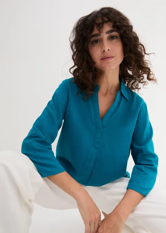 Blusa in misto lino con maniche a 3/4, bonprix