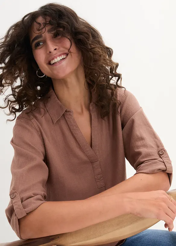 Blusa in misto lino con maniche a 3/4, bonprix
