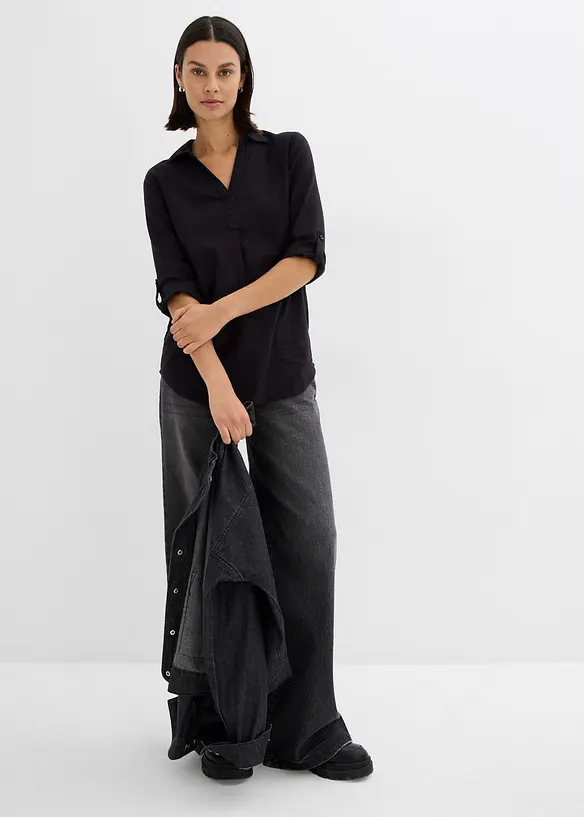 Blusa in misto lino con maniche a 3/4, bonprix