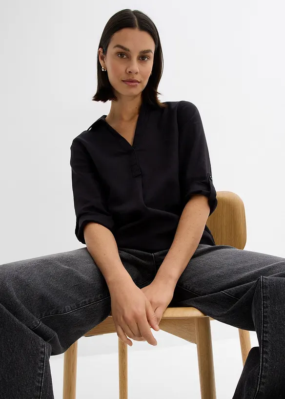 Blusa in misto lino con maniche a 3/4, bonprix