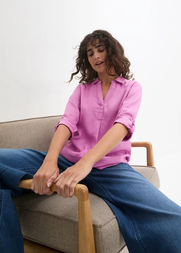 Blusa in misto lino con maniche a 3/4, bonprix