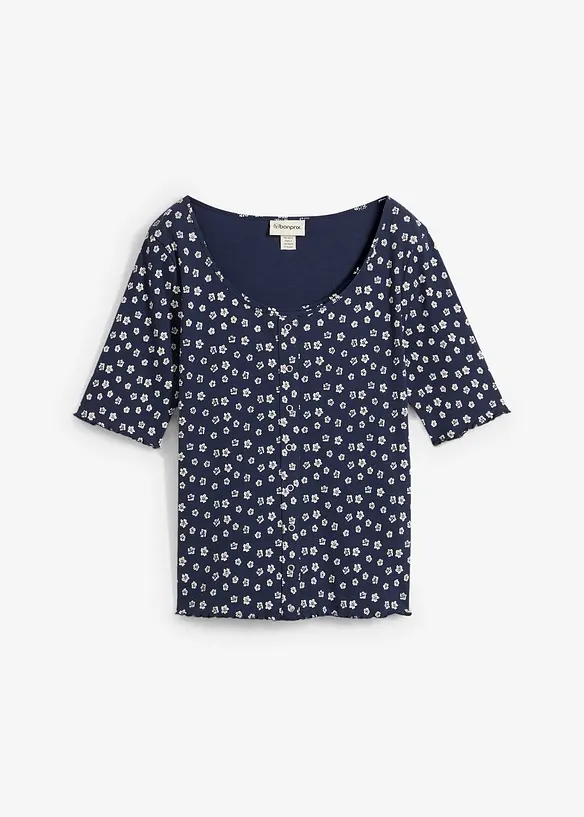 Maglia a costine a mezze maniche con stampa a fiori, bonprix