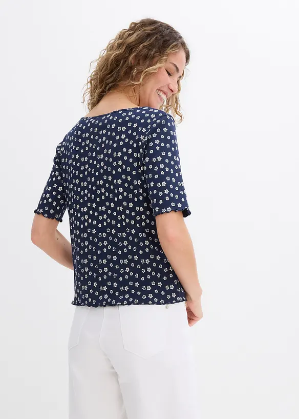 Maglia a costine a mezze maniche con stampa a fiori, bonprix