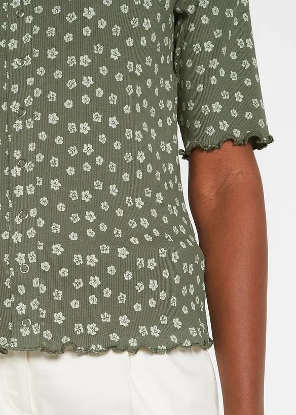 Maglia a costine a mezze maniche con stampa a fiori, bonprix