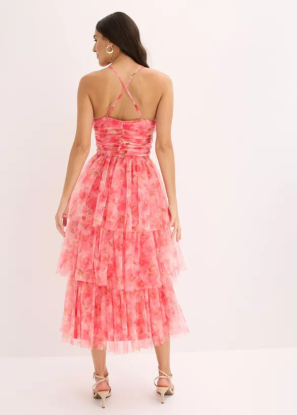 Abito midi in tulle fine con volant, bonprix