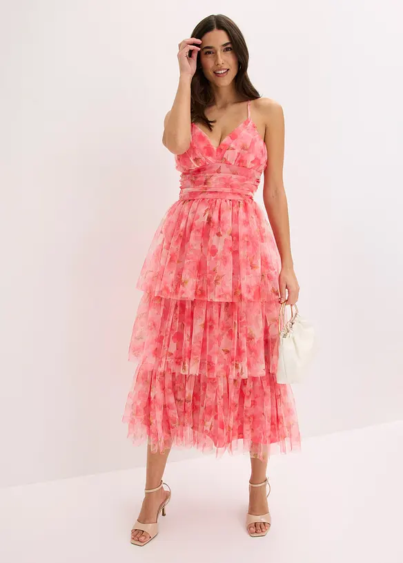 Abito midi in tulle fine con volant, bonprix