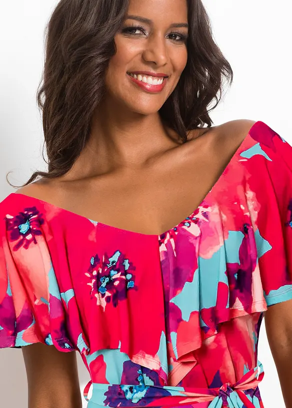 Abito lungo con volant e cintura, bonprix