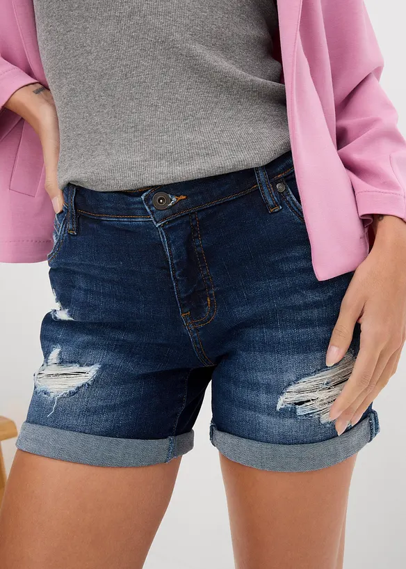 Shorts di jeans effetto sdrucito, a vita media, bonprix