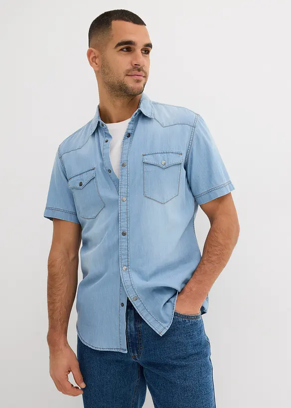 Camicia a maniche corte in jeans di puro cotone biologico, slim fit, bonprix