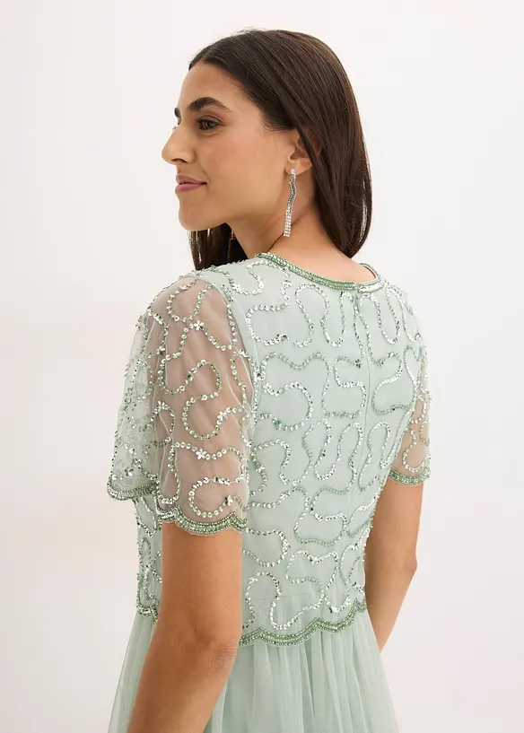 Abito lungo in fine tulle con ricamo e paillettes, bonprix