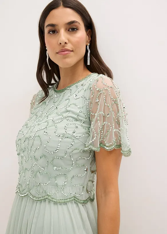 Abito lungo in fine tulle con ricamo e paillettes, bonprix