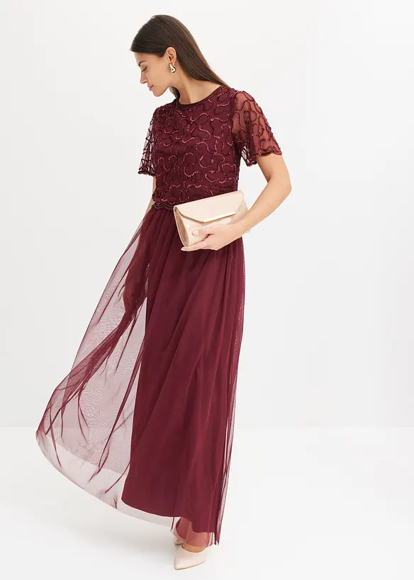 Abito lungo in fine tulle con ricamo e paillettes, bonprix