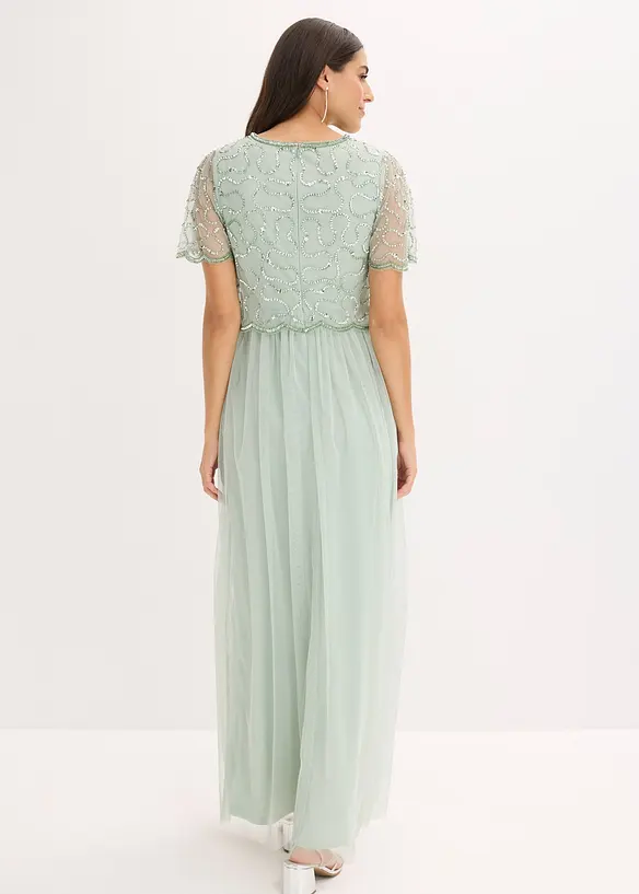 Abito lungo in fine tulle con ricamo e paillettes, bonprix