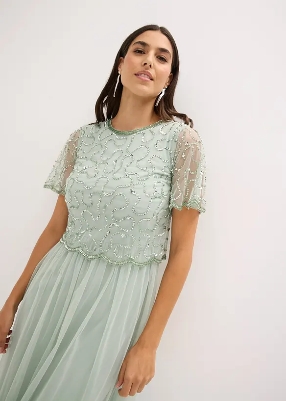 Abito lungo in fine tulle con ricamo e paillettes, bonprix