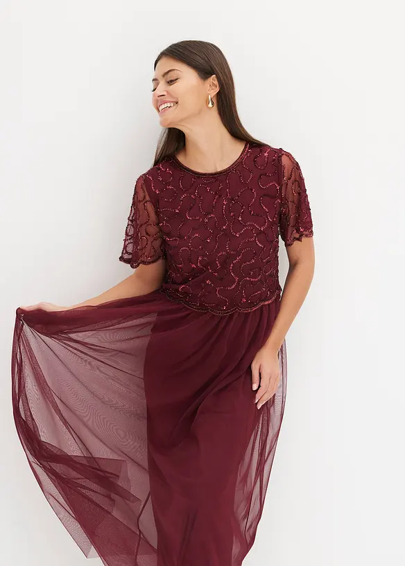 Abito lungo in fine tulle con ricamo e paillettes, bonprix