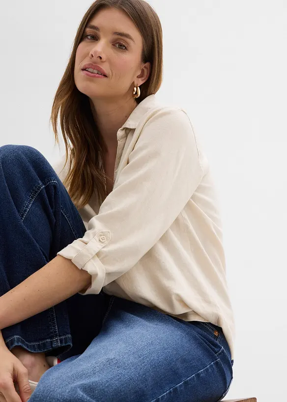Blusa in misto lino con maniche a 3/4, bonprix