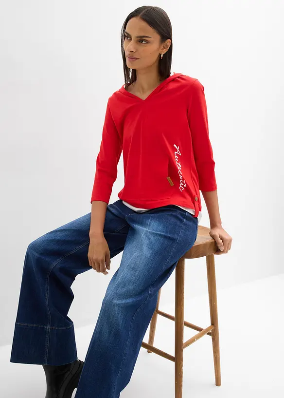 Maglia con cappuccio e maniche a 3/4 in puro cotone, bonprix