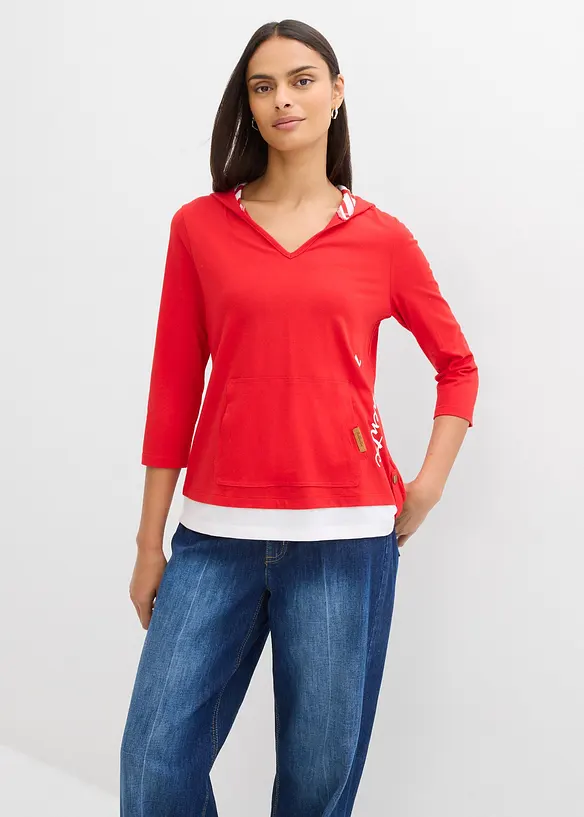 Maglia con cappuccio e maniche a 3/4 in puro cotone, bonprix