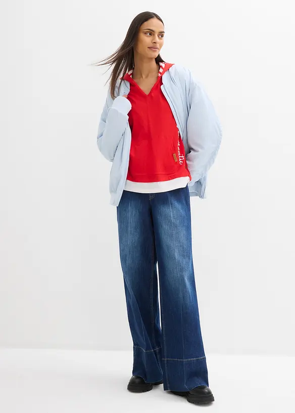 Maglia con cappuccio e maniche a 3/4 in puro cotone, bonprix