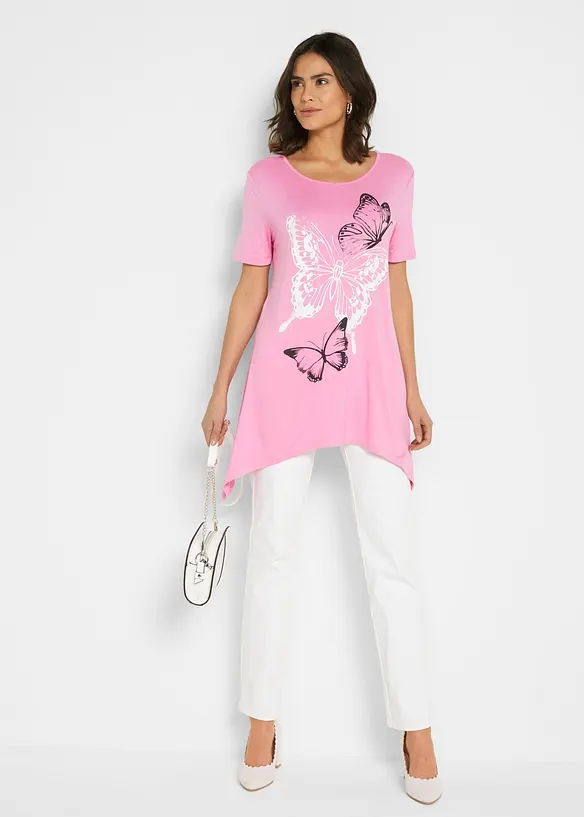 Maglia lunga con fondo asimmetrico a punte e farfalle, bonprix