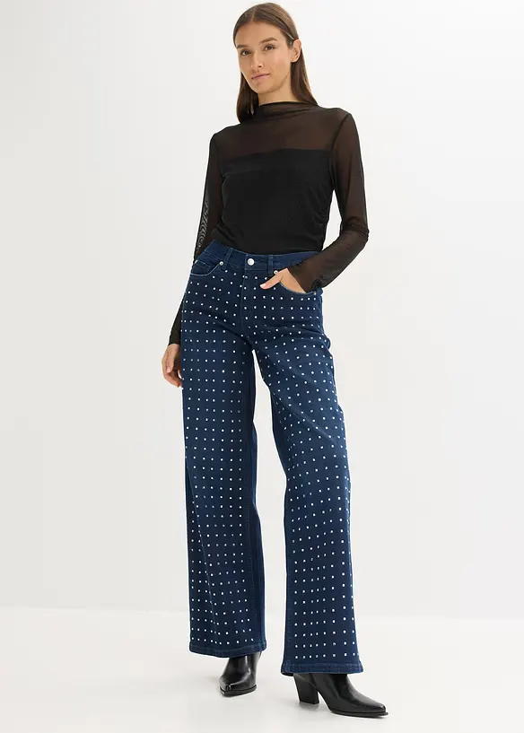 Jeans wide leg con applicazione di strass, vita media, bonprix