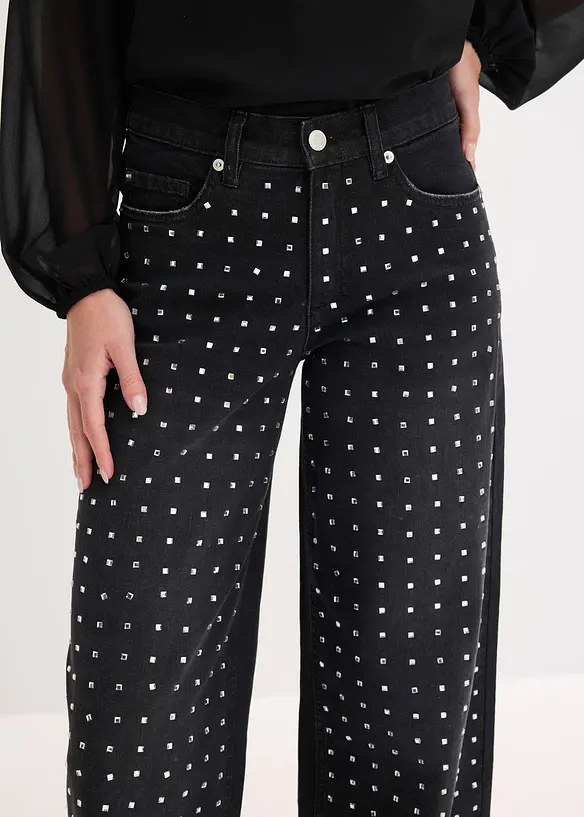 Jeans wide leg con applicazione di strass, vita media, bonprix