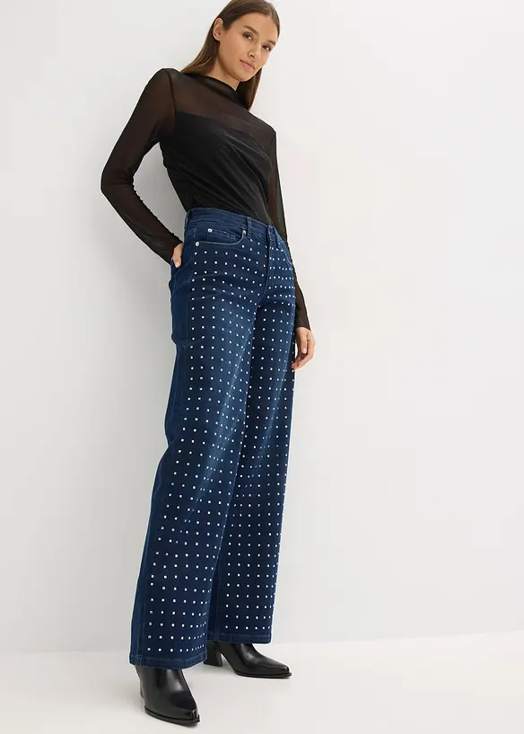 Jeans wide leg con applicazione di strass, vita media, bonprix