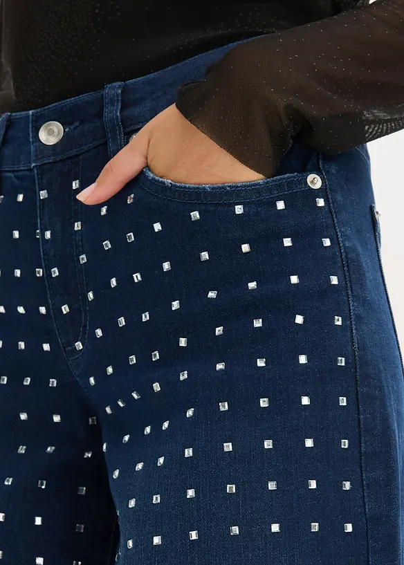 Jeans wide leg con applicazione di strass, vita media, bonprix