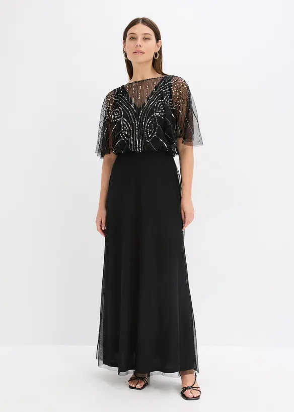 Abito lungo in tulle raffinato con paillettes, bonprix
