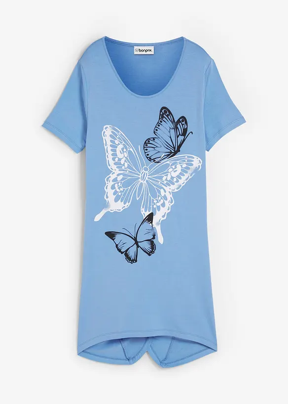 Maglia lunga con fondo asimmetrico a punte e farfalle, bonprix