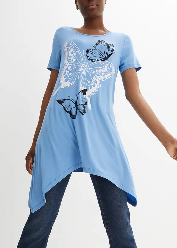 Maglia lunga con fondo asimmetrico a punte e farfalle, bonprix