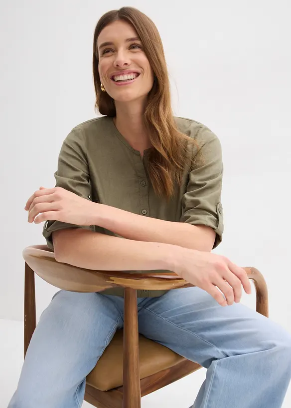 Blusa in misto lino con maniche a 3/4, bonprix