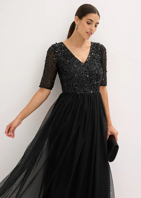 Abito da sera in tulle delicato con ricamo e paillettes, bonprix