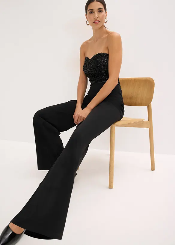 Tuta elegante in cr&ecirc;pe operato con ricamo con perline, bonprix