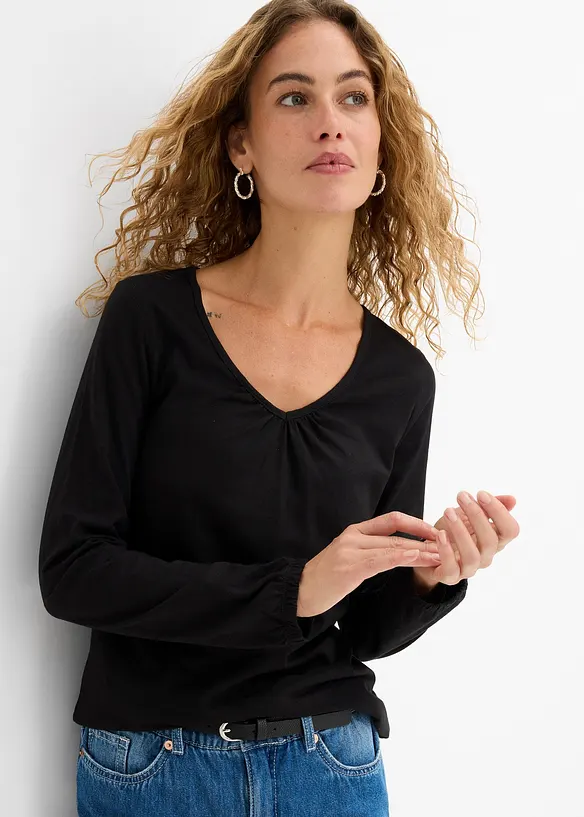 Maglia a maniche lunghe in puro cotone con elastico, bonprix