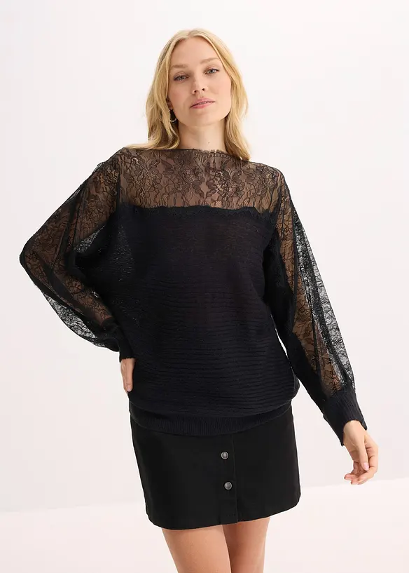 Maglione leggero con spalle scoperte e pizzo, bonprix
