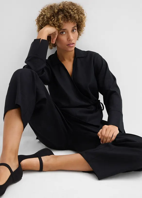 Blusa a portafoglio in misto lino, bonprix