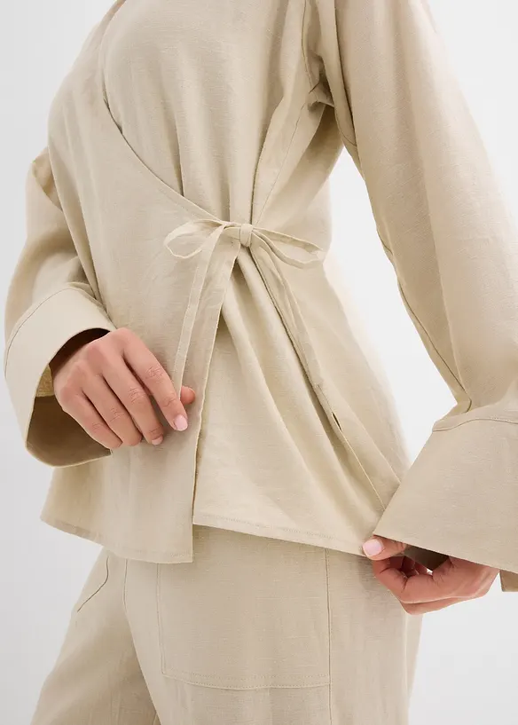 Blusa a portafoglio in misto lino, bonprix