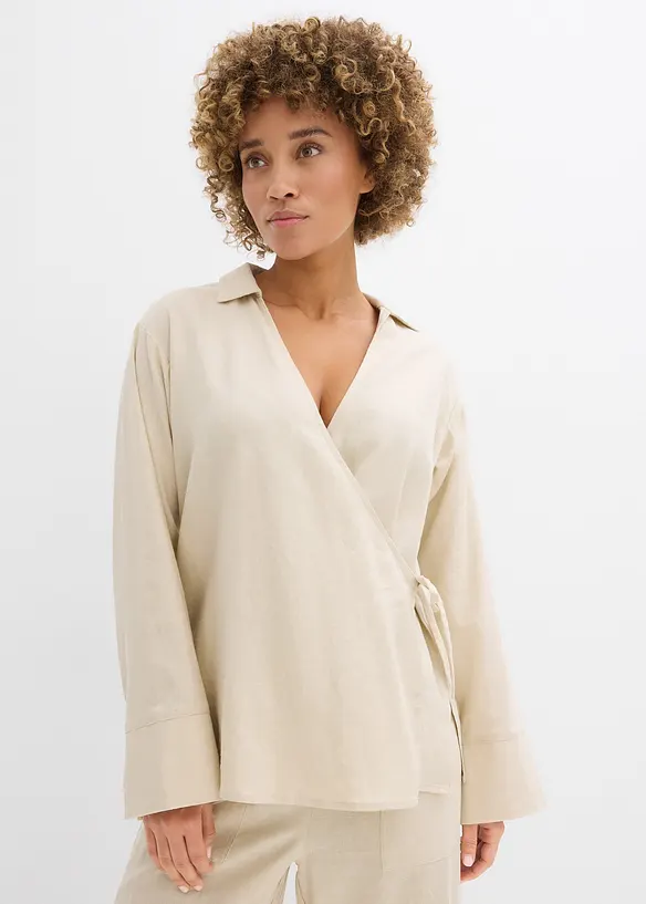 Blusa a portafoglio in misto lino, bonprix