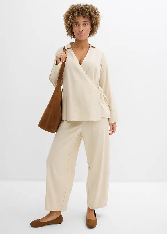 Blusa a portafoglio in misto lino, bonprix