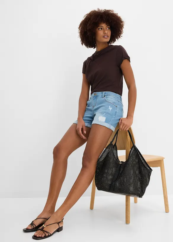 Shorts di jeans effetto sdrucito, vita media, bonprix